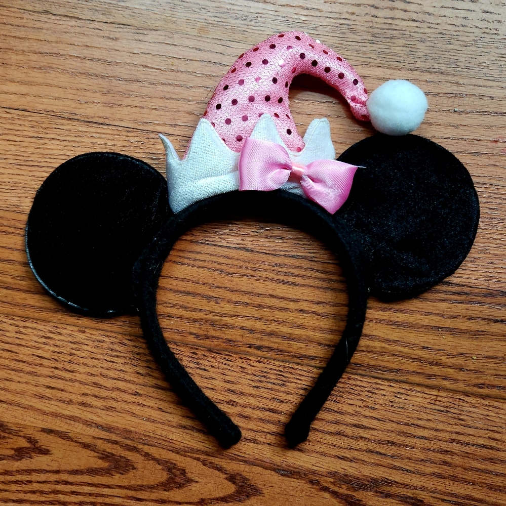 Disney Mouse Ears Headband Holiday Pink Sequins Elf or Santa Hat RARE
